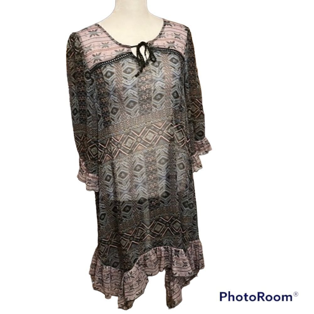 Sun & Shadow sz S black & blue print ruffled hem & sleeves swimsuit coverup GUC